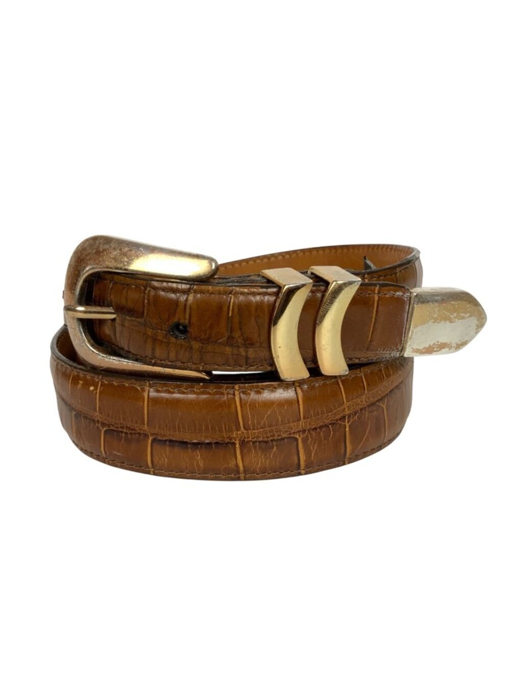 Onyx By Brighton Mens Brown Leather Croco Embossed Belt Size 46 Made In USA